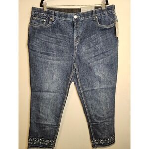 CJ Banks Signature Slimming Solution Embroidered Crop Jeans Dark Wash Size 20W